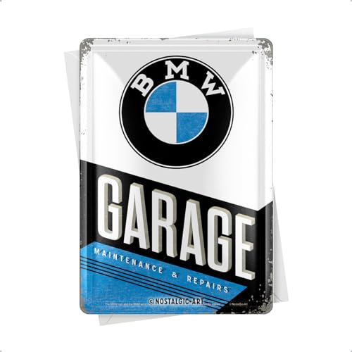 Nostalgic-Art Retro Blechpostkarte, 10 x 14 cm, Original Lizenzprodukt (OLP), BMW – Garage – Geschenk-Idee für BMW Accessoires Fans, Postkarte aus Metall, Mini-Blechschild als Grußkarte