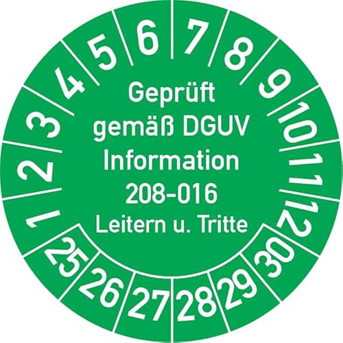 Geprüft gemäß DGUV Information 208-016 Prüfplakette, 500 Stück, in verschiedenen Farben und Größen, Prüfetikett Prüfsiegel Plakette Leitern und Tritte (ehemals BGV D 36) (30 mm Ø, Grün)