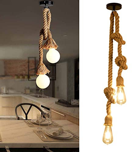 Vintage Cuerda de cáñamo gruesa AC 110-240V luces colgantes para el restaurante del dormitorio Cafe Bar Decoración de estilo rural (E27 Luces cabeza dobles, 2M)