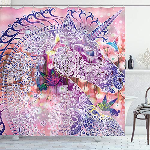 ABAKUHAUS Einhorn Duschvorhang, Fantasie-Tier Vögel, Stoffliches Gewebe Badezimmerdekorationsset mit Haken, 175 x 200 cm, Pink Lila