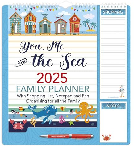2026 Family Organiser Calendar Wall Planner With Memo Pad, Pen & Shopping List - You Me And The Sea - Monthly Five Columns