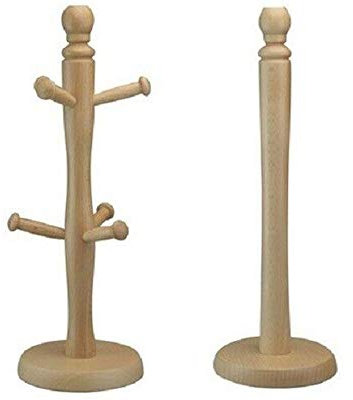 RNT Large Natural Wooden Kitchen 6 Cup Mug Tree & Bathroom Towel Roll Holder Stand Storage Rack (Mug Tree + Towel Holder, Beachwood)