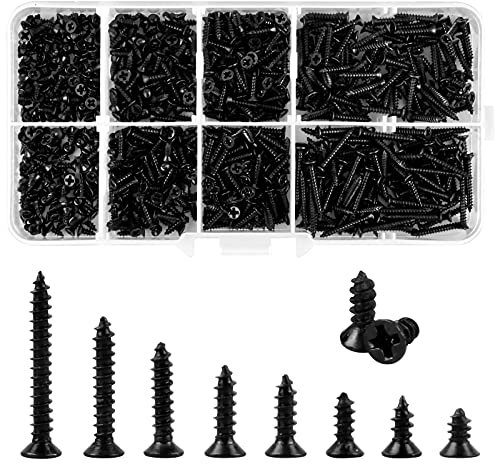 800 Stück M2 Selbstschneidende Schrauben Set Kleine Flachkopf Blechschrauben Schraube Schwarz Kohlenstoffstahl Senkkopf Schrauben Sortiment Kit mit Aufbewahrungsbox für Kunststoff Weichmetall, 4-16 mm