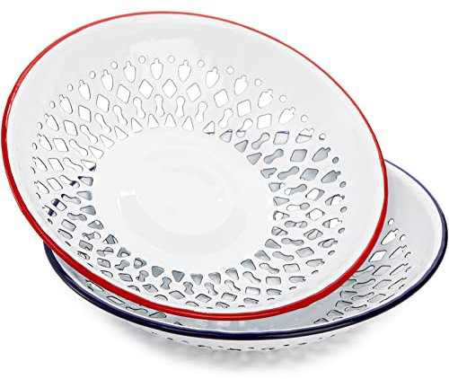 Frcctre 2 Stück Emaille-Sieb Schüssel Teller Vintage selbstentleerende Obstschalen Emaille-Geschirr weiß Metall Emaille Geschirr Set rot/blau Rand Country Original Home Kitchen Decoration