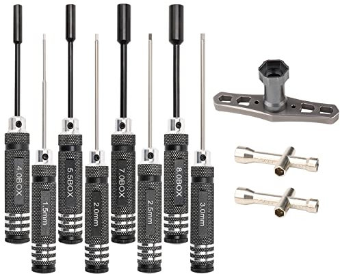 Pxyelec 11Pcs RC Tools Kit Hexagon Screwdriver Set with Cross Wrenches Sleeve Cross Socket Wrench Tool Kit for RC Car Drone Planes Robots Models (1.5mm 2.0mm 2.5mm 3.0mm)