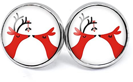 JUANLOWE Romantische Ohrringe - Motiv Küssende Rentiere aus Edelstahl, silberfarben, kissing reindeers, Hirsch Reh Ohrstecker