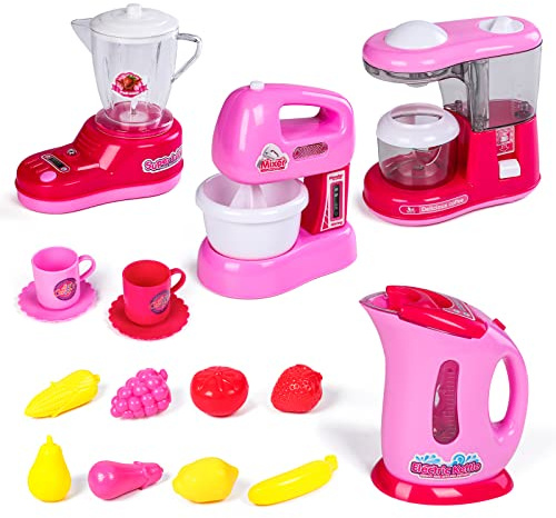 Kitchen Appliances Toy,Kids Kitchen Pretend Accessories Play Set,Coffee Maker Machine,Blender,Mixer and Kettle with Realistic Light and Sounds,Play Kitchen Set for Kids Boys Girls
