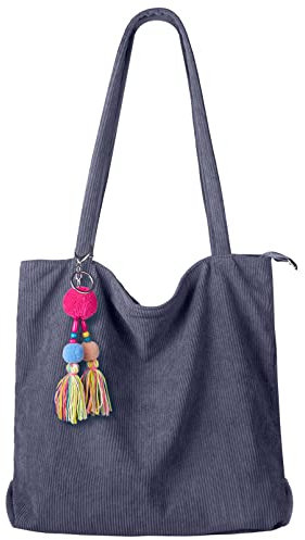 FITDON cord Tasche Damen Umhängetasche mit Reißverschluss, Groß Shopper Tasche Schultertaschen Tote Bag Handtasche, Grau