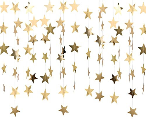 52 Feet Star Paper Garland, Reflective Star Bunting Banner Hanging Decoration Glitter Sparkling Star Garland Streamer for Birthday Wedding Bridal Baby Showers Christmas Decorations, Gold