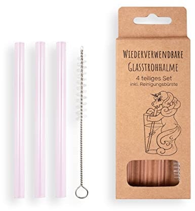 3 Stück Glasstrohhalme Rosa/Pink für Kinder | wiederverwendbar | Glastrinkhalm | Kinder Strohhalme | Spülmaschinenfest | inklusive Reinigungsbürste | 12cm lang für Kinder, 3 Stück | +Bürste