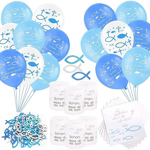 HOWAF Kommunion Deko Junge, Servietten Fisch Kommunion Servietten Taufe Konfirmation Servietten Kommunion Windlicht Kommunion Luftballon Fisch Konfetti für Tischdeko Kommunion Taufe Konfirmation Deko