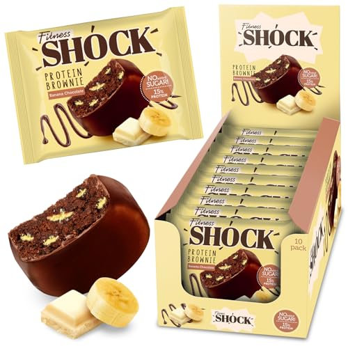 FitnesSHOCK Protein Brownie Snack ohne Zusatz von Zucker, Kekse mit 15% Eiweiß, Dunkle Schokolade, sättigende Ballaststoffe, low carb, weiche Konsistenz, 10 Stück х 50g - Banane Geschmack