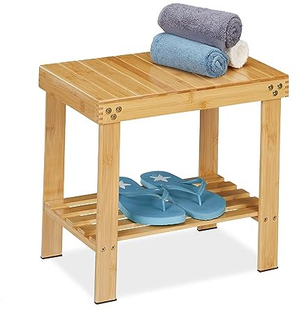 Relaxdays Tabouret de Salle de Bain en Bambou, Surface Rangement, HxLxP: 41,5x44x28 cm, Couloir & Salle de Bain, Nature