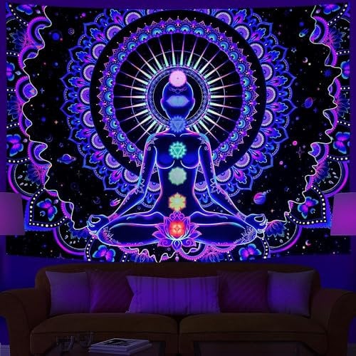 Ulticool – Mandala Chakra - Glow in the Dark Wandteppich - Schwarzlicht under UV Reaktive Bright Black Neon Light - Blacklight Psychedelisch im Dunkeln Leuchtende Wandtuch - 200 x 150 cm Groß