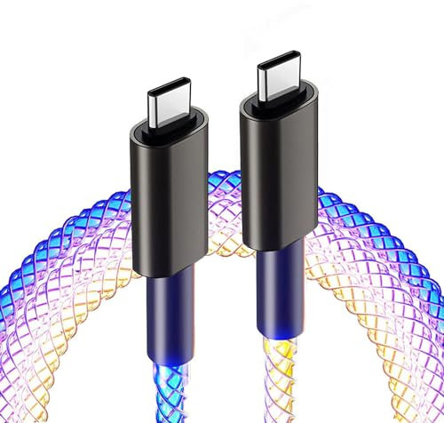 Galaxy S24 FE/A15/A16/A26/A36/A56 Charger Cable, S23 FE 5G/A15 5G 60W Led Light Up Glowing USB C to TYPE C Cable, Aluminum Shell Fast Charging Wire RGB Colorful Light Cord
