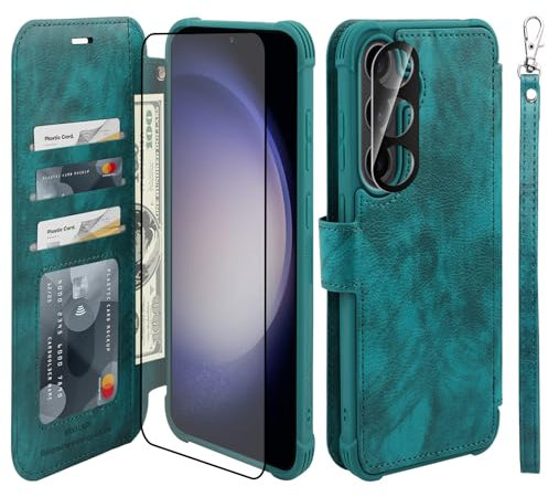 VANAVAGY Wallet Case for Galaxy S24 with Rfid Flip Card Holder,[Screen Protector and Camera Lens Protector] Leather Wrist Strap Supports Wireless Charging Case for Galaxy S24 6.2”,Midnight Green