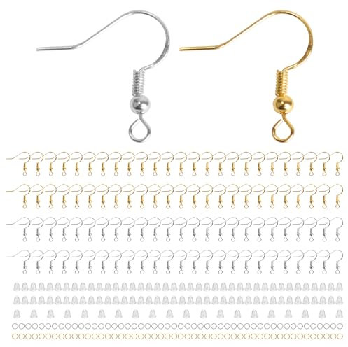 300 Stück Gold Silber Ohrring Haken Set 925 Ohrringe Selber Machen Set Hypoallergene mit Transparenten Silikon Ohrring Sicherheitsverschlüssen, Ohrring Herstellung Set für DIY Schmuck Herstellung
