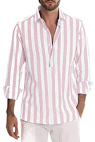 MMOOVV Chemise à manches longues rayée avec boucle en lin pour homme, Rose, M