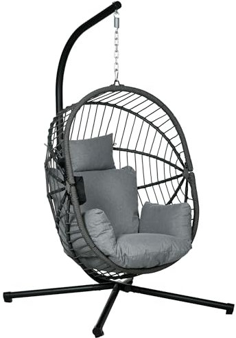 Outsunny Outdoor Swing Chair with Thick Padded Cushion, Patio Hanging Chair with Metal Stand, Foldable Basket Egg Chair with Cup Holder, Rope Structure, for Indoor and Outdoor, Grey