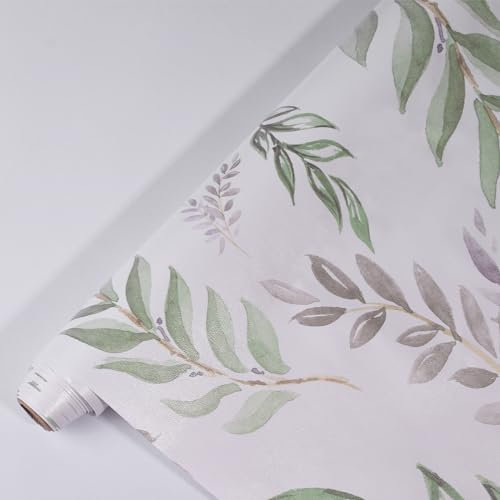 Yangfix Tree Leaves Effect Self Adhesive Wallpaper Green and Grey Peel and Stick Wall Sticker Floral Pattern Wall Covering Sticky Back Plastic Vinyl Film Contact Paper Oil Resistant 44.5x500cm