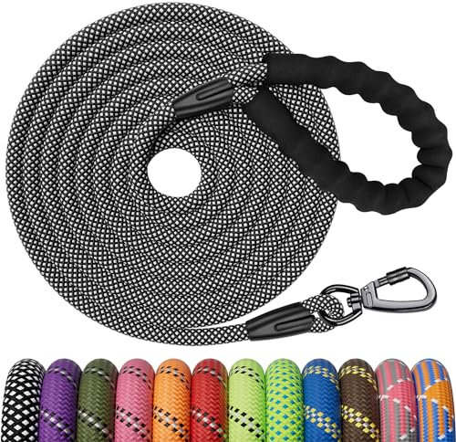 Kdsvakd Training Lead for Dogs, 20m / 65ft Dog Rope Lead with Carabiner Clip and Padded Handle, Reflective Recall Puppy Leash for Puppy, Small, Medium, Large Dog, Black