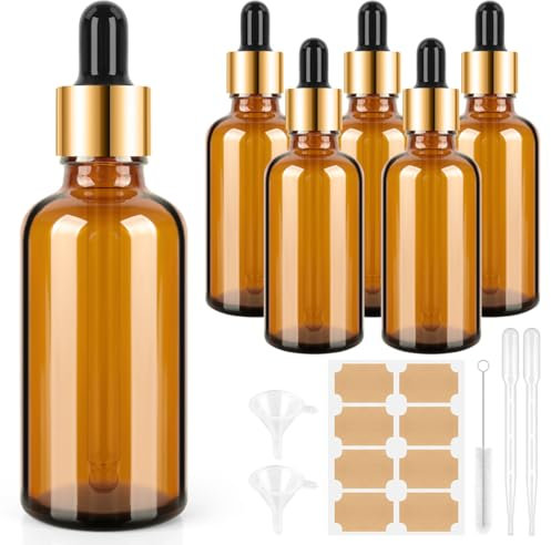 BELICOO 6PCS Glass Dropper Bottles, 50ml Pipette with Funnels, Labels - Reusable Amber Glass Bottles for Perfume, Essential Oils, Aromatherapy Blends