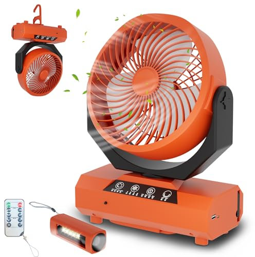 Daromigo Camping Ventilator, Ventilator mit LED-Laterne & Haken,Tragbar 20000mAh Akku Ventilator,270° Drehung Tischventilator Camping,4 Geschwindigkeiten,USB Zeltventilator für Outdoor,Büro Orange
