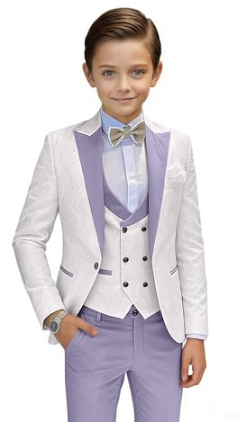Anzug für Jungen Floral Jacquard Jungen Smoking Anzug 3-teiliges formelles | Kinder-Anzug-Set für Abschlussball, Schule, Spitzrevers, zweireihige Weste, gerade Hose, Hochzeitsringträger-Outfit, stilvoll