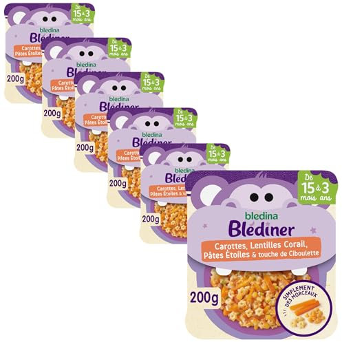 Blédina Morceaux à Dévorer - Petits Plats Bébé - Carottes; Lentilles Corail; Pâtes Etoiles et touche de ciboulette - Dès 15 Mois - 6 Assiettes de 200g