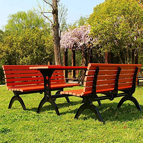 Terrassen-Esstisch- und Stuhl-Set für den Außenbereich, rechteckiger 59-Zoll-Tisch und 2 Bänke, Terrassen-Parkbank mit stabilem Stahlrahmen, korrosionsbeständigem Tisch und Stuhl aus Massivholz