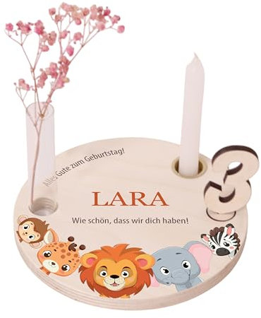 LAUBLUST Personalisierter Geburtstagsteller aus Holz mit Kerzenhalter, Vase & Zahlen - Geburtstagsdeko mit Namen - Safari Motiv | Ø16.5 cm, Natur - Geburtstagstisch - 1. Geburtstag Kinder Geschenk