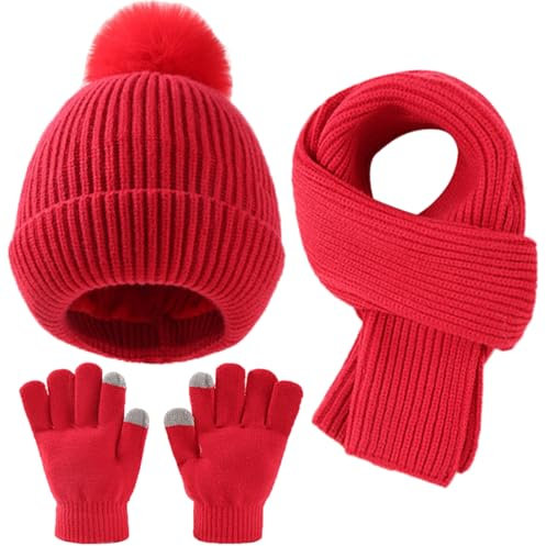 Yaopelky Set Cappello, Sciarpa e Guanti Invernale per Bambini - Berretto con Pompon, Sciarpa Lunga e Guanti Touchscreen - Completo 3 in 1 per Ragazze e Ragazzi,Rosso
