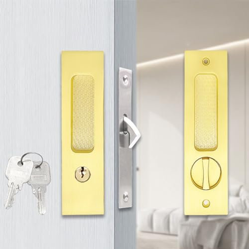 YUANGANG Key Lock, Door Handle With Key Sliding Door Lock Keyed Pocket Door Locks Invisible Recessed Door Handle For Security(Gold)