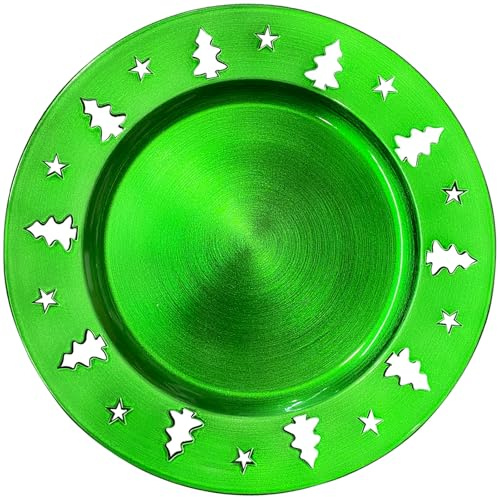 Kazozobi Green Christmas Tree Charger Plates - 13 Reusable Openwork Holidays Party Decorations Round Chargers for Dinner Plate - Elegant Table Setting Centerpieces 6 Pack