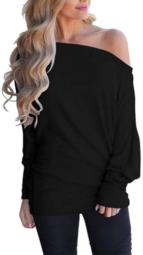 Sxkayxr Off The Shoulder Tops for Women Batwing Long Sleeve Jumpers Shirts Knit Tunic Tops Casual Loose Fit Oversized Pullover Sweaters Black