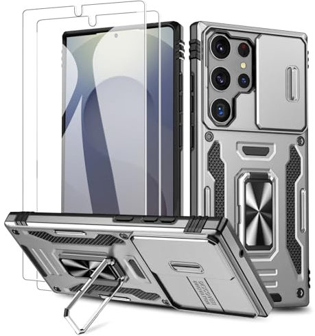 Fewdew Cover per Samsung Galaxy S25 Ultra con 2 Vetro Temperato & Protezione Fotocamera & Anello Supporto,Protezione Antiurto Militare Anti Graffio Custodia con Galaxy S25 Ultra,Grigio