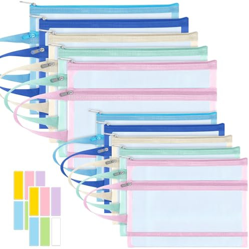 10 PCS Colored Mesh Zipper Pouch Bags, 5pcs A4 & 5pcs A5 Double-Layer Nylon Puzzle & Building Block Toy Storage & Organisation, Breathable See-Through Pouch with Handle for School, Office, Home