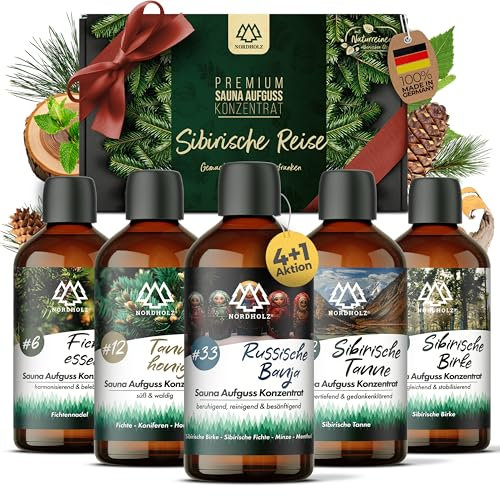 NORDHOLZ® Saunaaufguss Set - [5x100ml Sibirische Reise] besonderes & natürliches Sauna Aufgussmittel - intensiver & erholsamer Duft - Sauna Zubehör