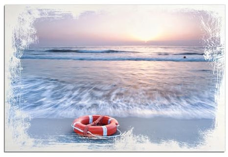 Wallario Wandbild aus Holz Rettungsring am Strand bei Sonnenuntergang - 60 x 90 cm in Premium-Qualität: Brillante Farben