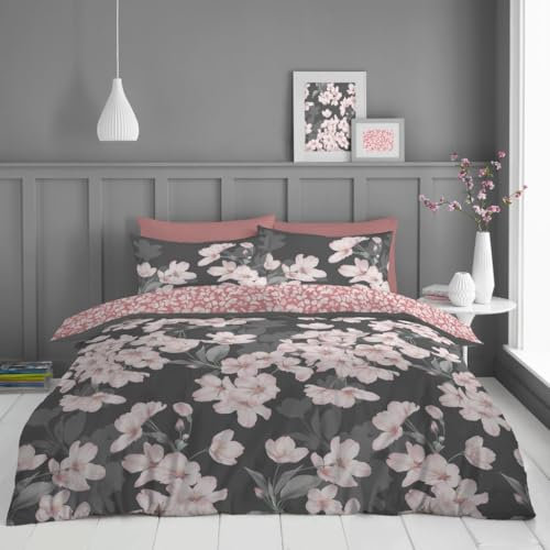 Lions Double Duvet Cover Set with Fitted Sheet and Pillowcase - 4 Piece Complete Bedding Sets Reversible Floral Rose Printed Poly Cotton Quilt Covers Bed, Girls Women, Charcoal Pink
