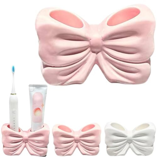 Bow Shaped Toothbrush Holder, Cute Ceramic Bow Toothbrush Holder, 2-Slot Bathroom Organizer, for Bathroom Countertop, Vanity, Shower, Bow Bathroom Decor (pink)