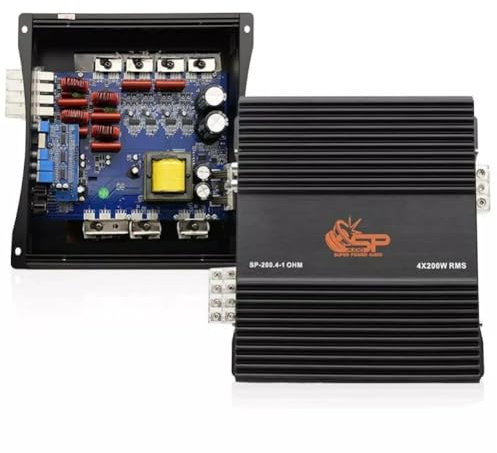 KIT SET PER SP AUDIO SP-200.4 1 amplificatore nero 4 canali classe d 4 x 200 watt rms a 1 ohm, con bass boost, spl per bagagliaio, confano, auto, 1 pezzo