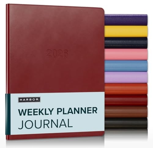 Harbor Wochenplaner Notizbuch Planer 2026 - liniert, strapazierfähiges Kunstleder, Softcover, 176 Qualitätsseiten, für Damen und Herren, zum Schreiben, Arbeit & Reisen, Cambridge Red - 9x7