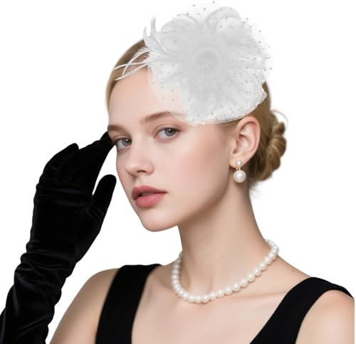 loacuony Fascinator Damen,Damen Hut Elegant Vintage,Vintage Fascinators Hut - Federn & Mesh – Kopfschmuck Für Hochzeiten, Pferderennen & Halloween, Mit Stirnband & Gabelclip（Weiß）