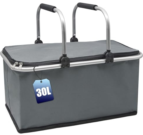 Xiaozhifu Einkaufskorb 30L, große Kühltaшаche, thermokorb mit Alurahmen, isoliert mit Deckel für Reisen, Picknick, Einkaufen (Grau)