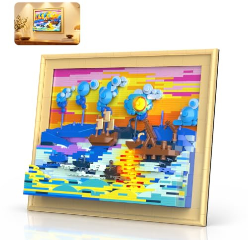 Brihappen Impression Sunrise Building Set avec lumière pour Adultes, modèle de Blocs de Construction Van Gogh Painting Wall Art, Ensemble de Blocs de Construction 3D Classic Art (1514 pièces)