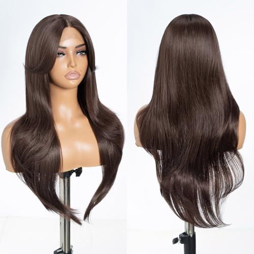 Style Icon Brown Curtain Bangs Wig HD Lace Front Wigs 26 Inches Long Muti Layered Wigs Synthetic Lace Front Wig 13x5x1 T Part Wig for Daily Party Use