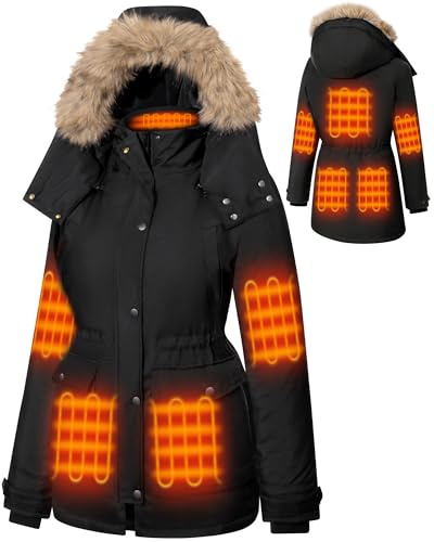 Hecusma Schwarz Beheizbare Jacke Damen mit 18400mAh 12V Powerbank, Parka Heizjacke Damens, Parka Damen Winter Beheizte Jacke mit Abnehmbarer Kapuze im Freien-M