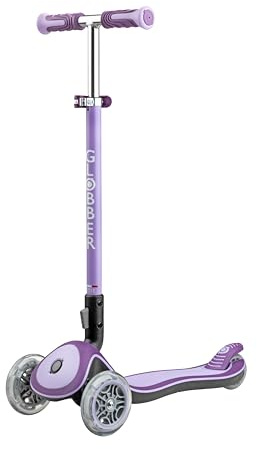 GLOBBER Elite Deluxe Lights – Tretroller Kinder, 120/80 mm, ABEC 5, 3-rädrig, höhenverstellbar, LED-Rollen, lila