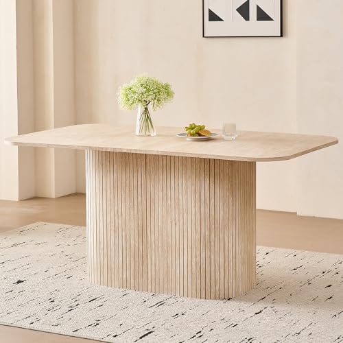 HJhomeheart Rechteckiger Esstisch, Moderne MDF-Tischplatte, Nordischer Küchentisch, Lattenrost-Design, Passend für Wohn- und Esszimmer, Gelber Travertin